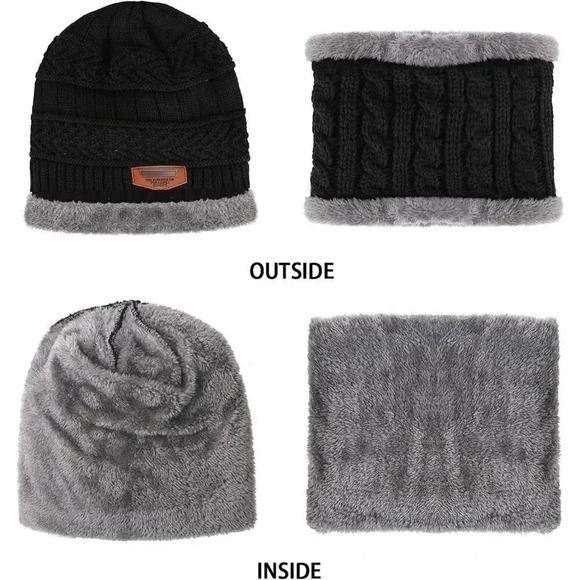 Kids Boys Girls Winter Warm Knit Beanie Hat Cap Neck Scarf Set with Fleece - Picture 3 of 6